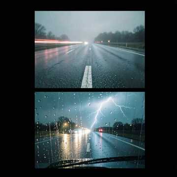 The rain is falling down the highway